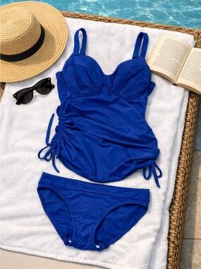 Custom Blue Ruched Tankini Top + Matching Bikini Bottoms – Size 4/D cup